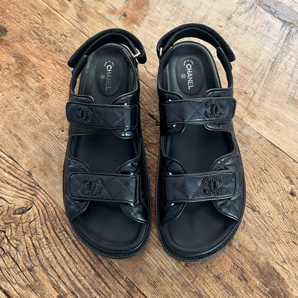 CHANEL VELCRO QUILTED BLACK ON BLACK DAD SANDALS